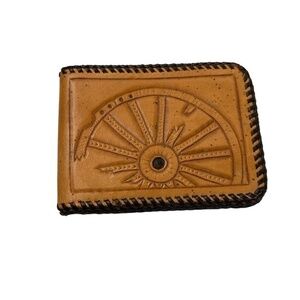 Handcrafted Leather‎ Bifold Wallet Tooled Desert Cactus Wagon Wheel Southwestern